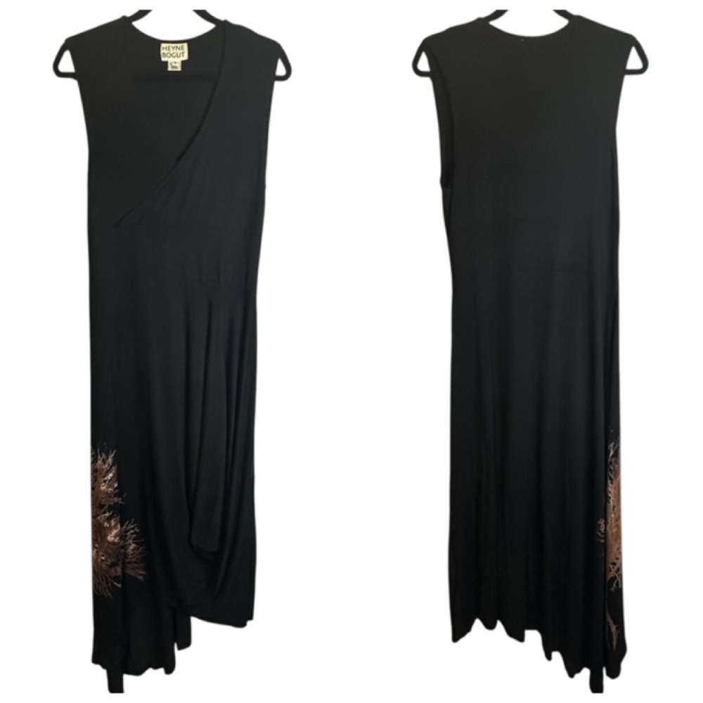 Heyne Bogut Chic Black Sleeveless Dress Abstract Tree Gathered Skirt Size‎ 3 (M)